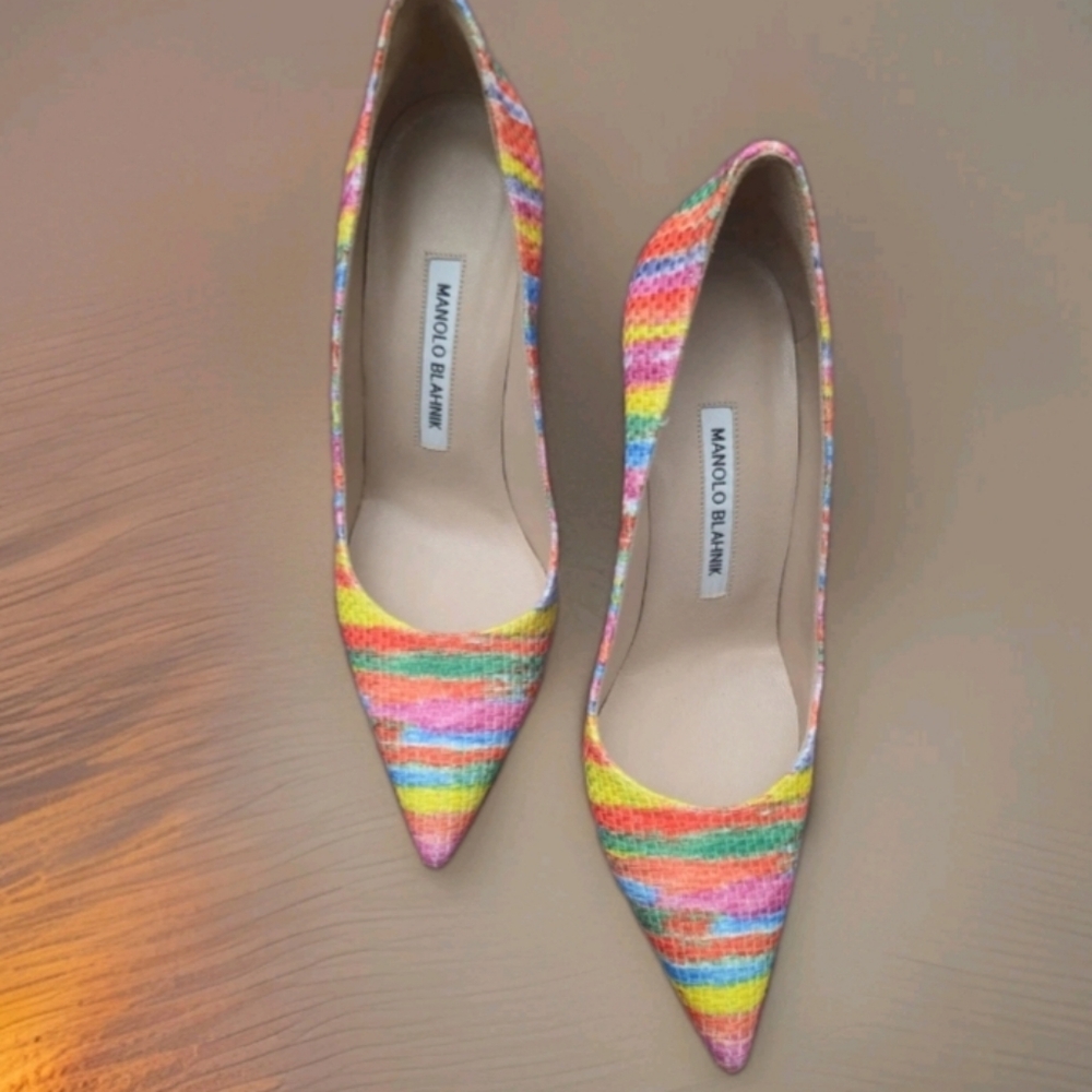 Manolo Blahnik Rainbow Striped Pointed-Toe Pumps - Picture 4 of 6
